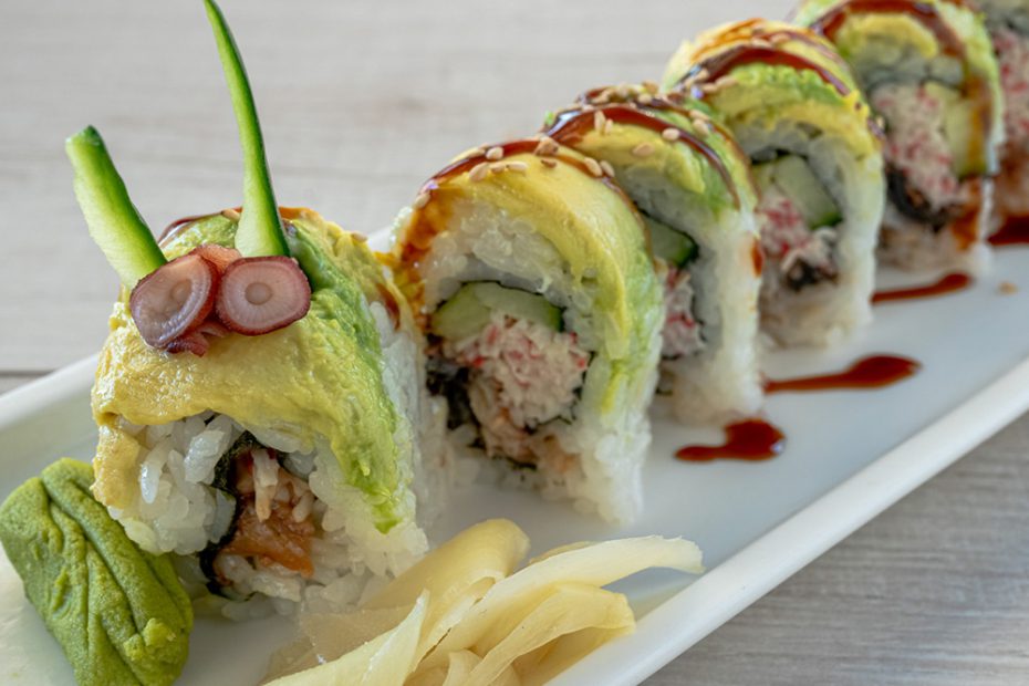 Caterpillar Roll – Sushi roll layered with avocado and filled with unagi and crab