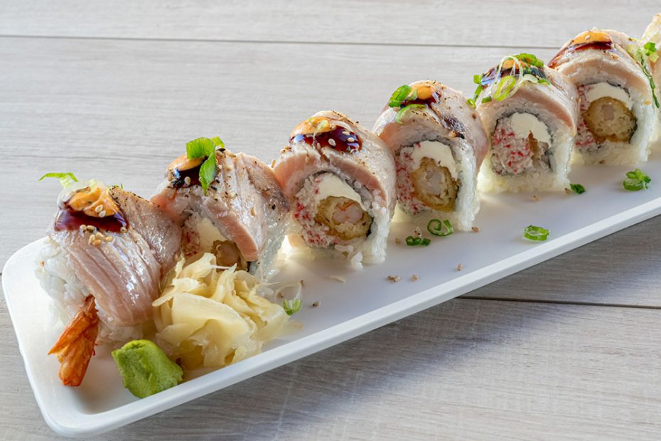 Godzilla Roll (Seared) –Seared sushi roll with albacore, garlic mayo, and tempura shrimp