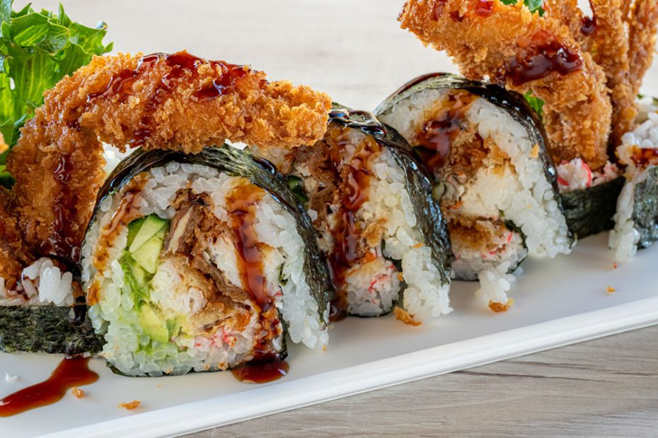 Spider Roll – Sushi roll with crispy soft shell crab, cucumber, and unagi sauce